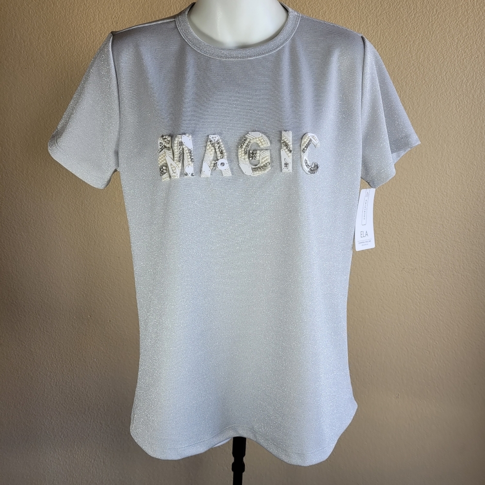 NWT ELA Women's Glitter Tee Silver Metallic /Embellished Statement Applique S